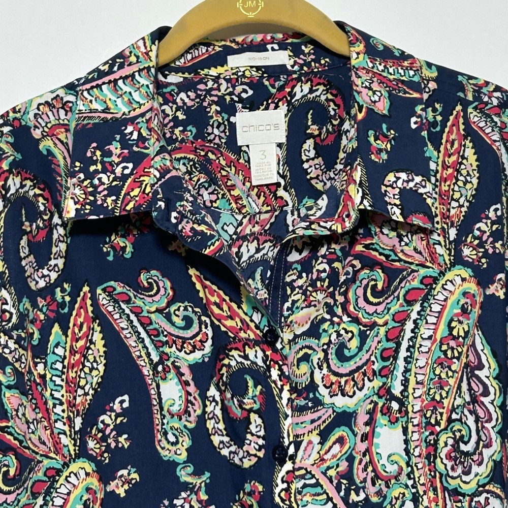 Chicos Womens 3 Paisley Print No Iron Button Down Shirt Bold vibrant print Boho